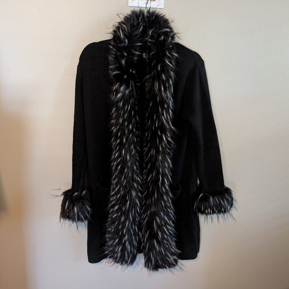 Faux Fur Trimmed Black Cardigan | Size Small